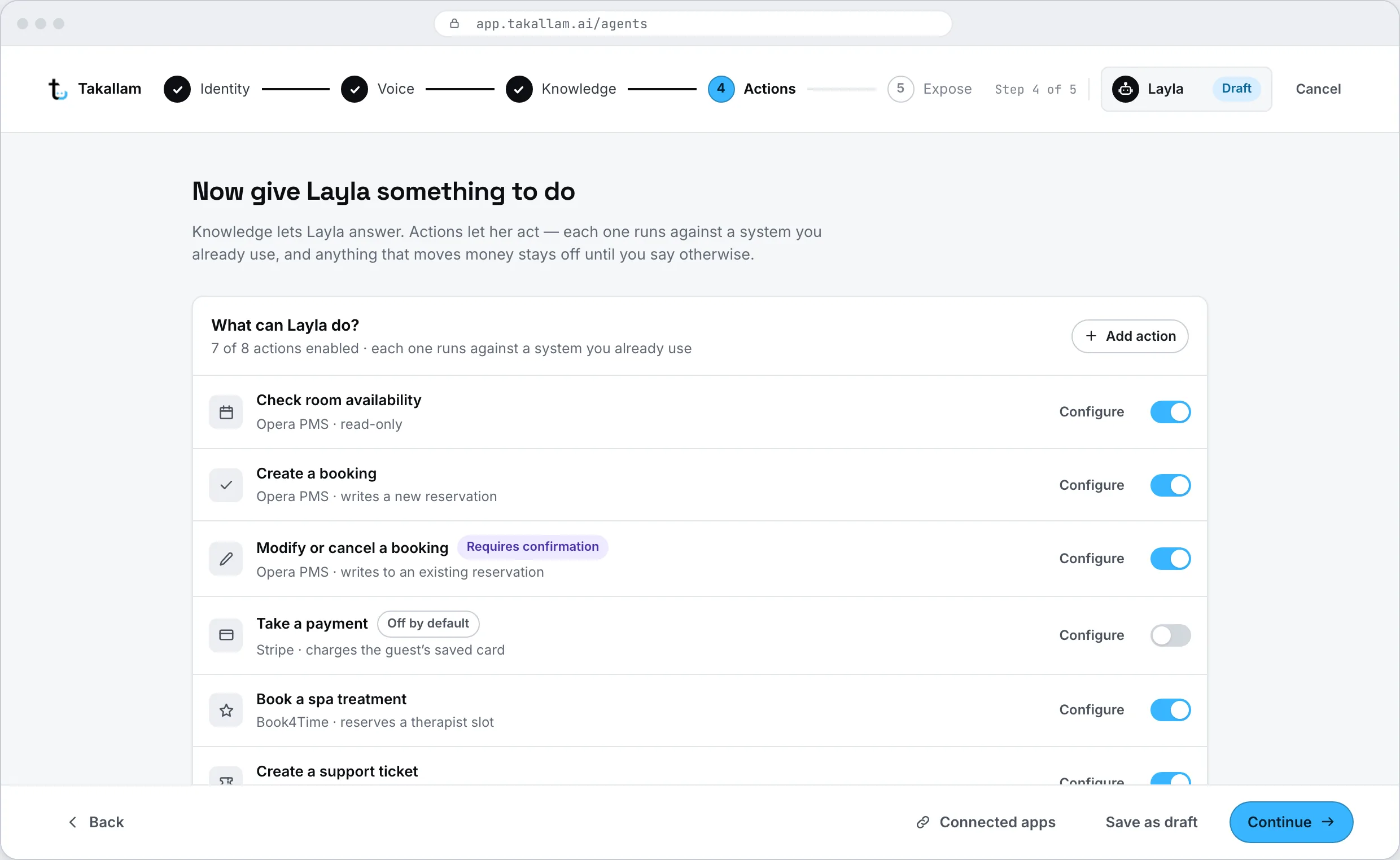 The actions step listing the things an agent is allowed to do and the rules for escalating to a human