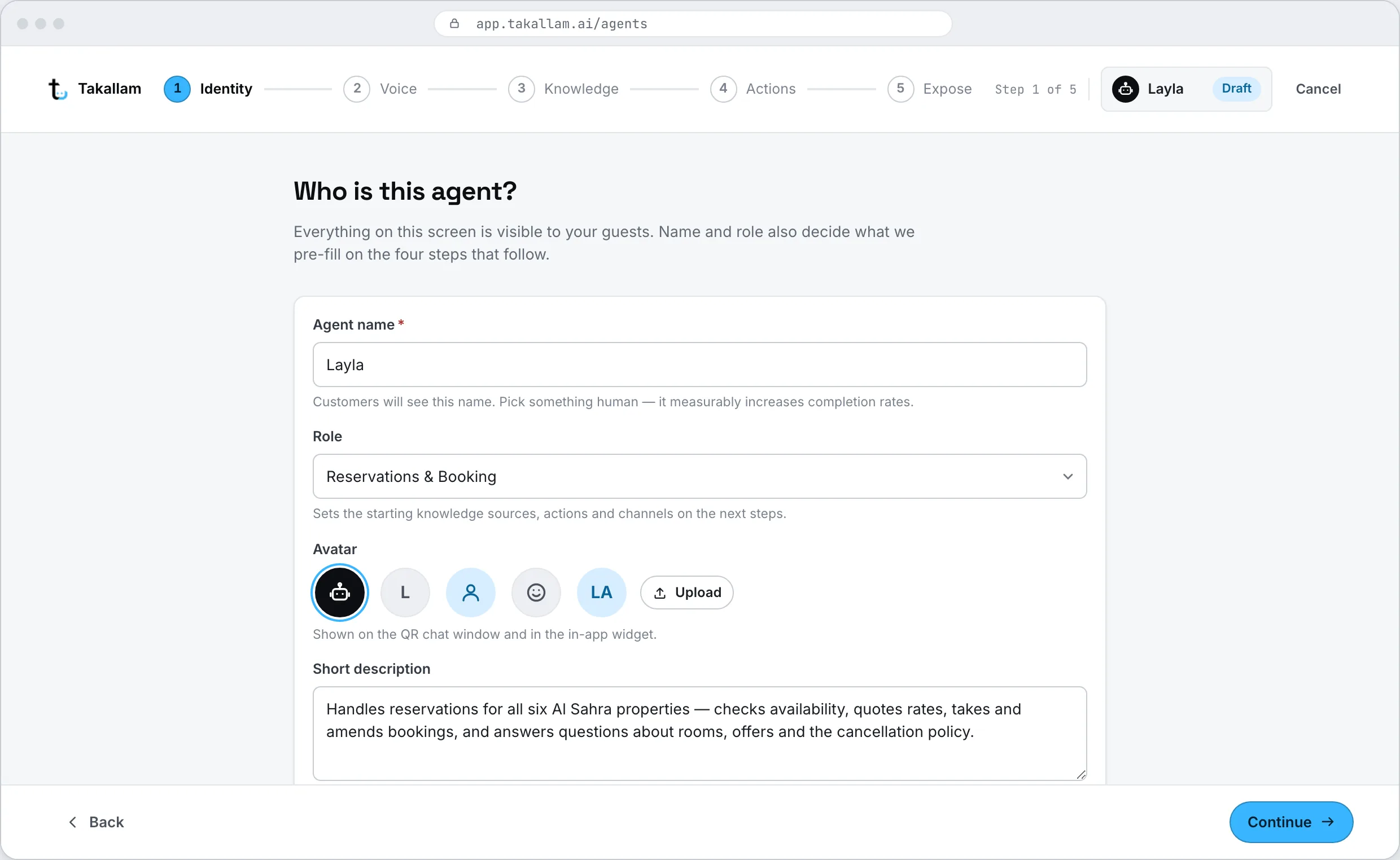 The new-agent screen where a name, a role and a short brief are entered