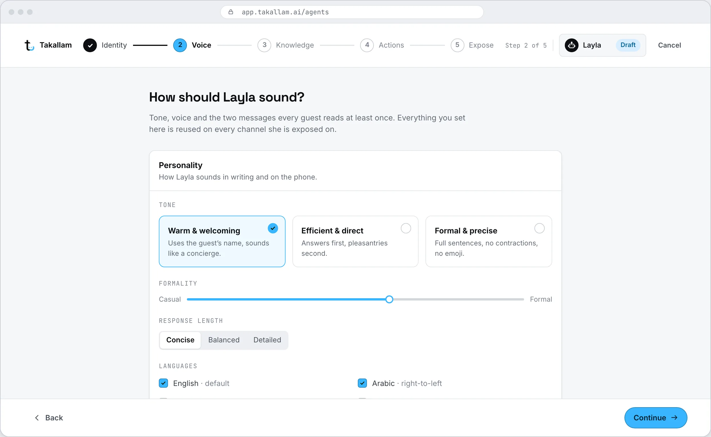 The agent persona step showing voice selection, language options and tone settings