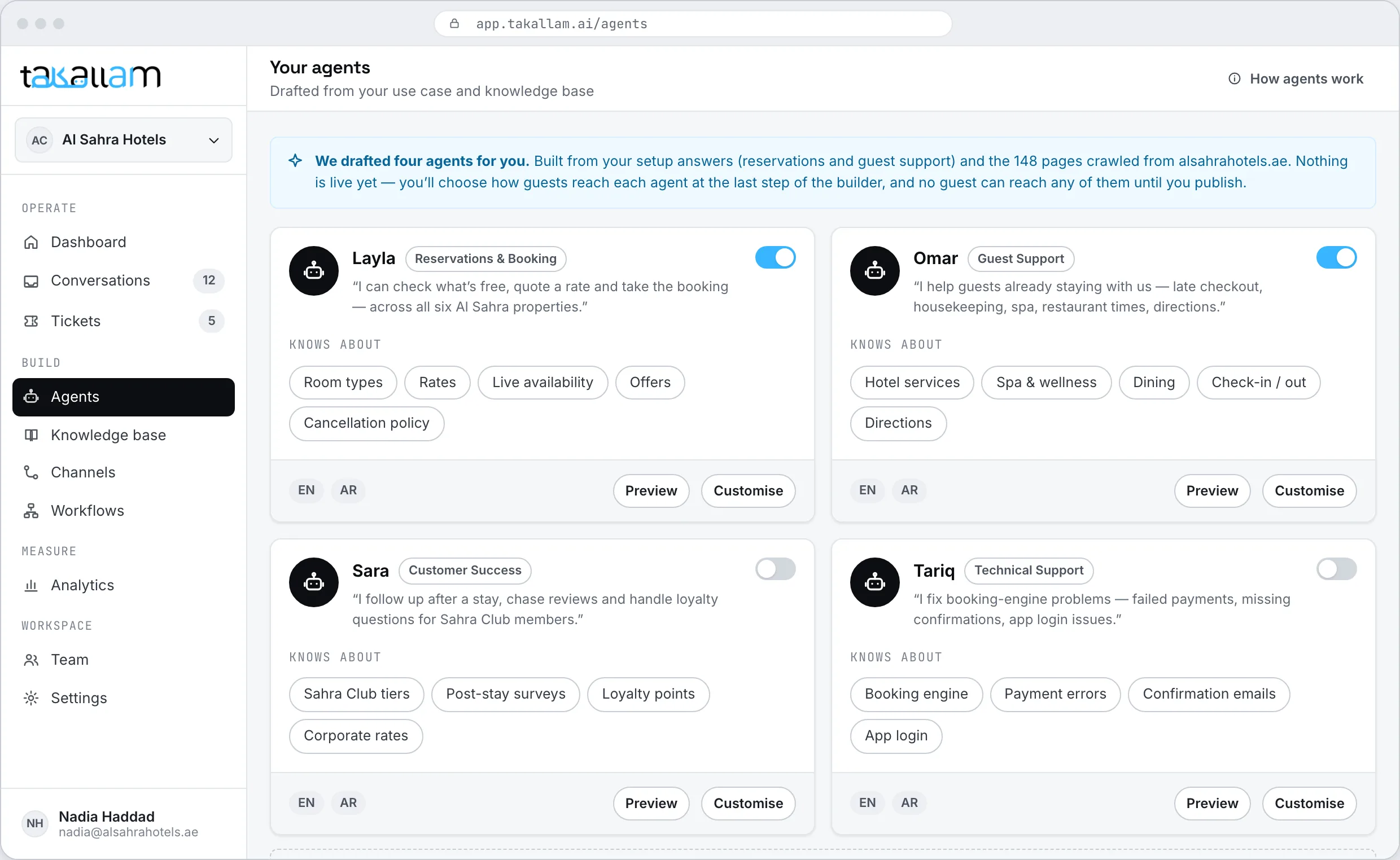 The Takallam screen listing suggested agents drafted from the business website, each with a name and a role