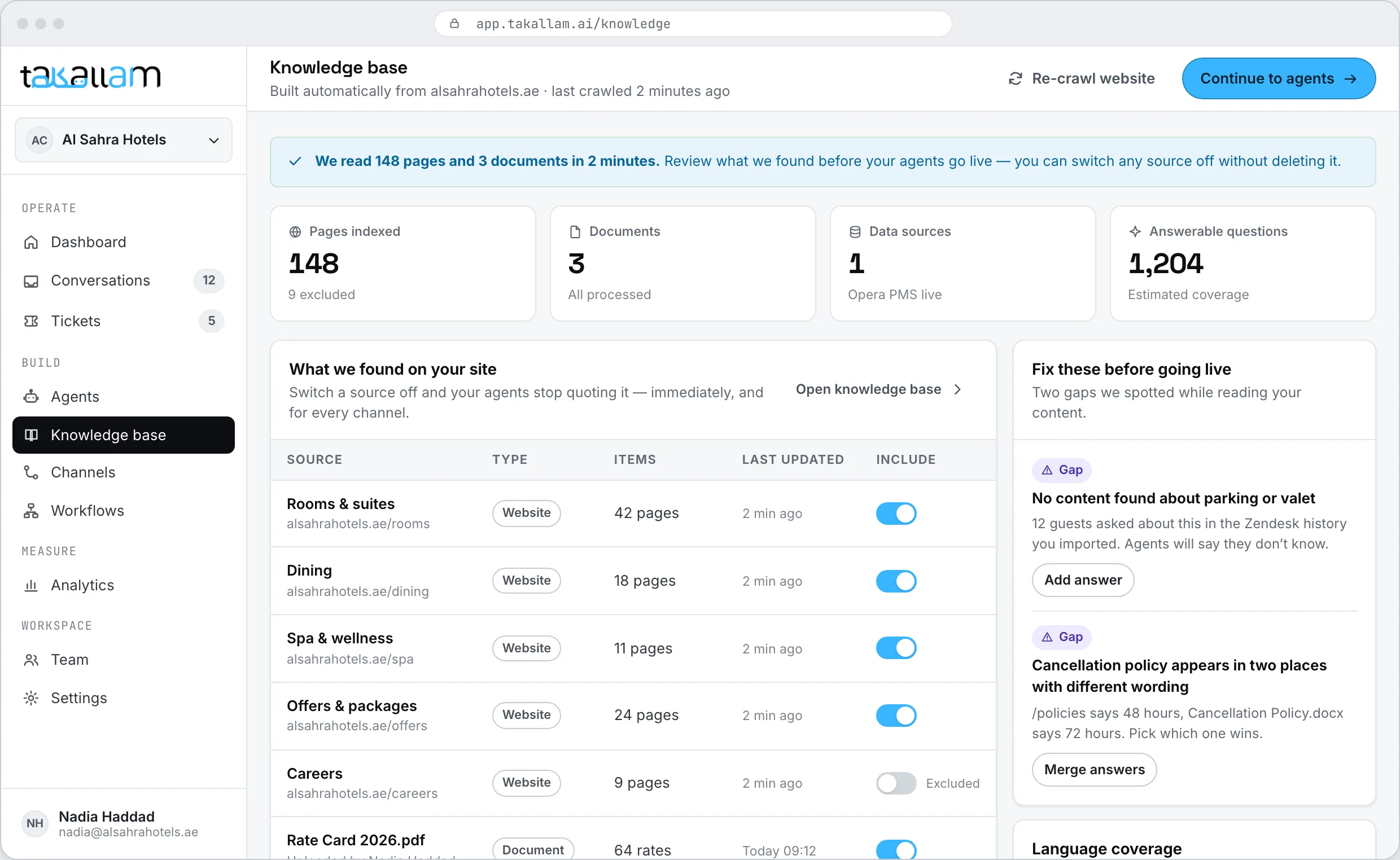 The knowledge base review screen listing the pages and documents Takallam learned from
