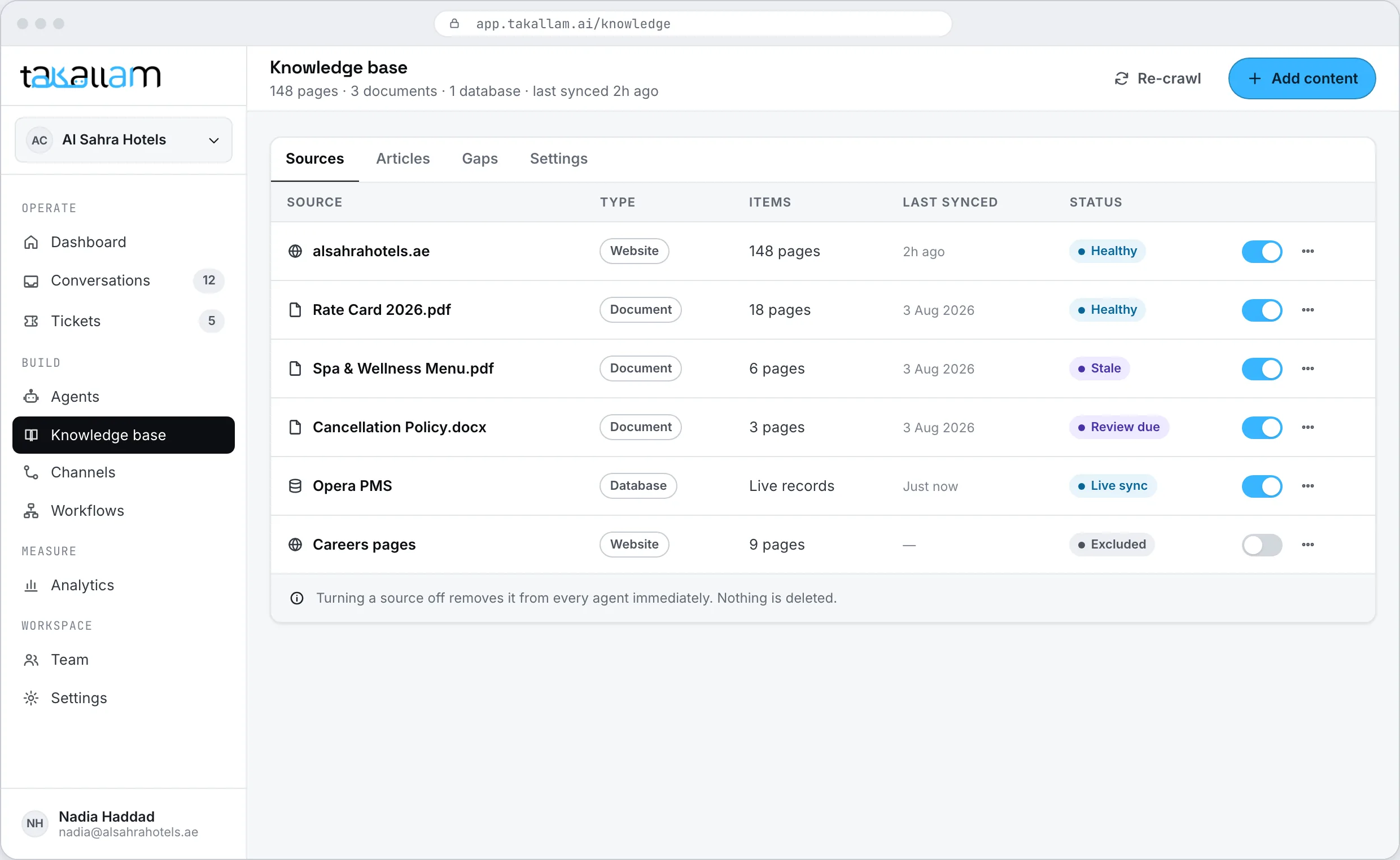 The knowledge base screen in the support console showing sources, their status and when each was last read