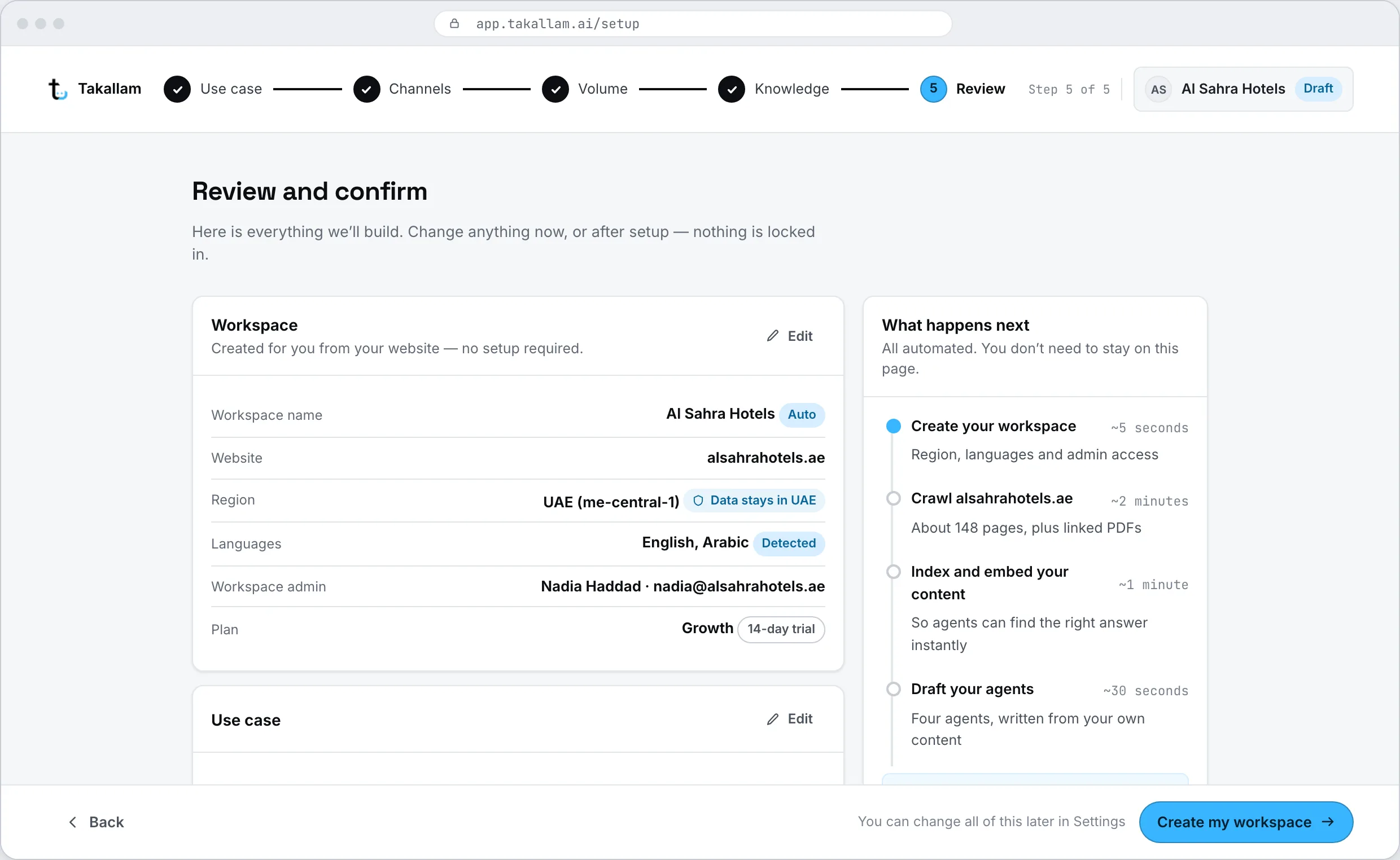 The final onboarding review screen summarising the answers a business gave before its workspace is created