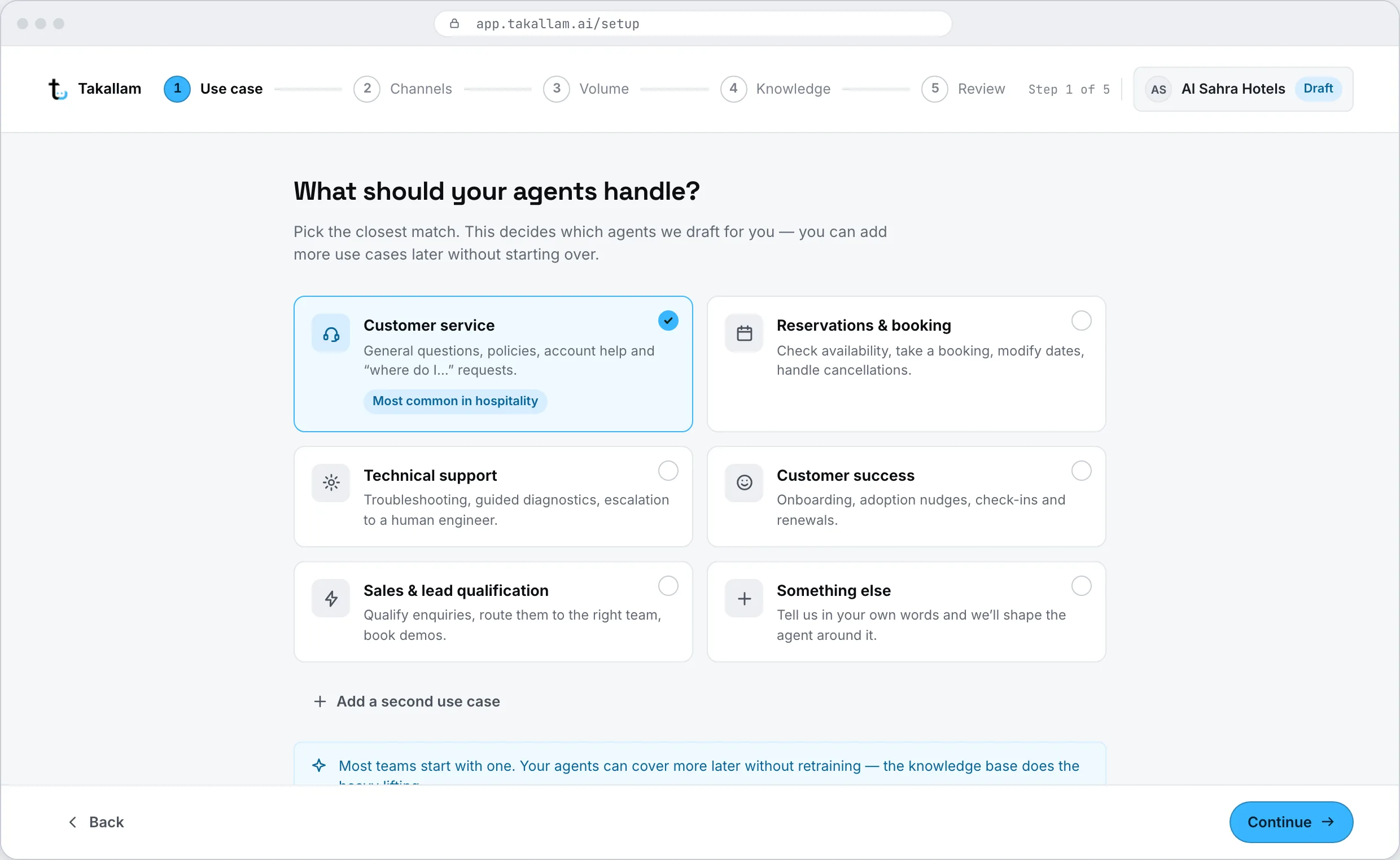 The Takallam onboarding step asking what the business does