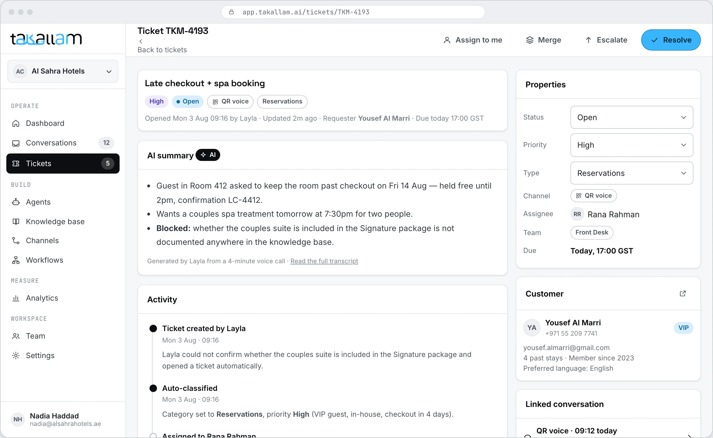 A ticket open with its transcript, owner, SLA timer and activity history